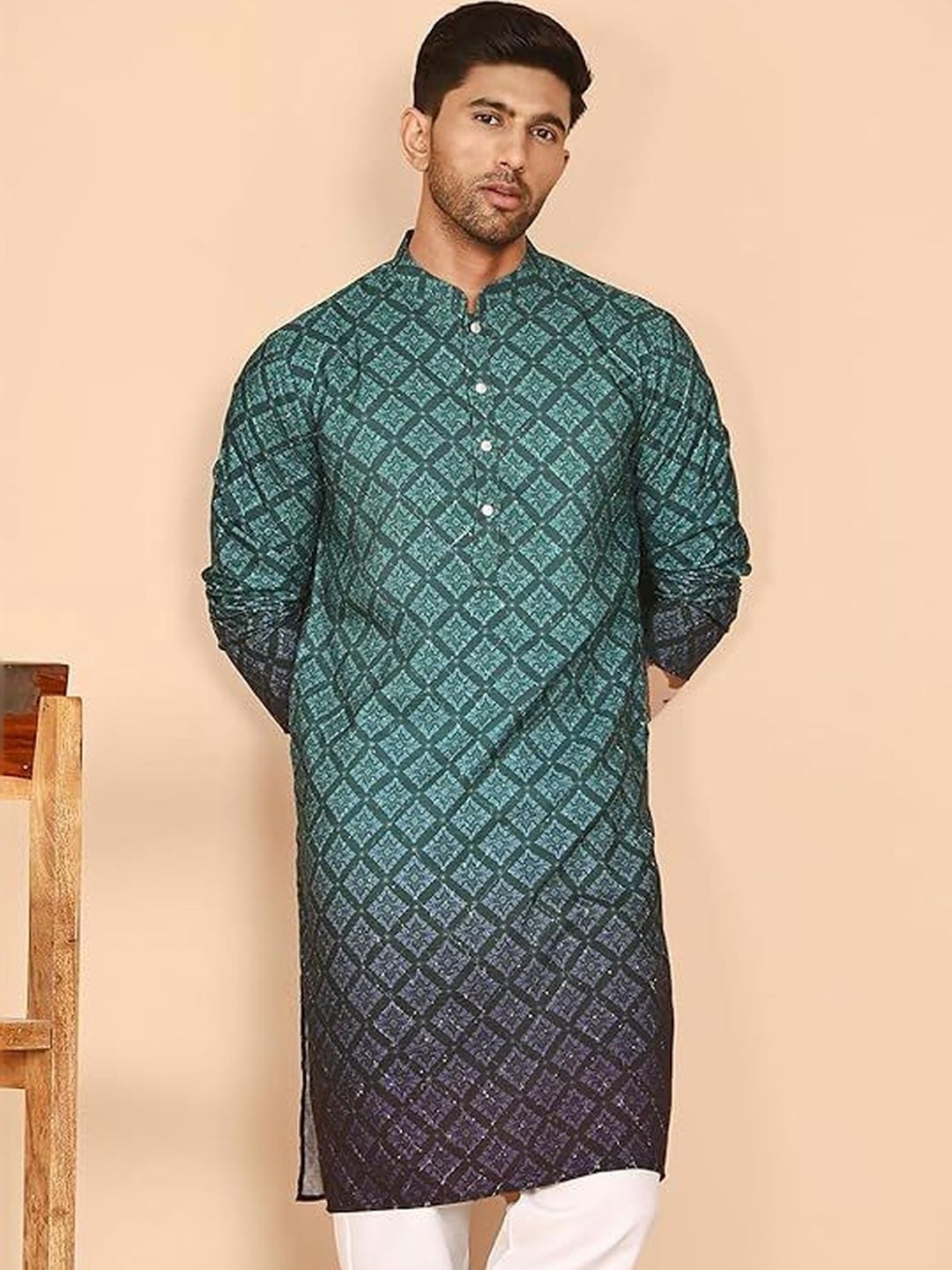 KURTA WALLAH Men Geometric Printed Thread Work Floral Kurta