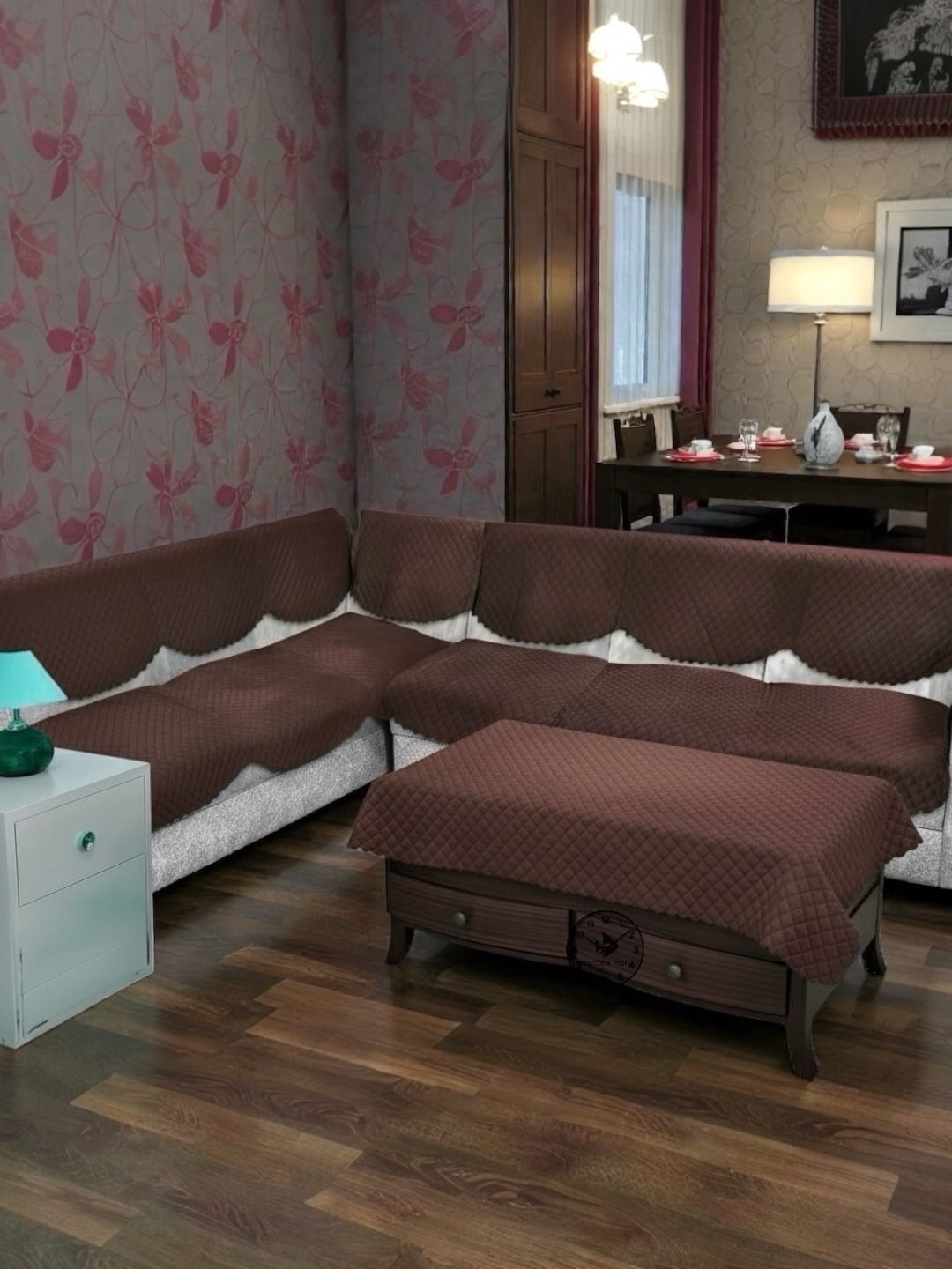 BIGGER FISH Coffee Brown Checked Sofa Cover