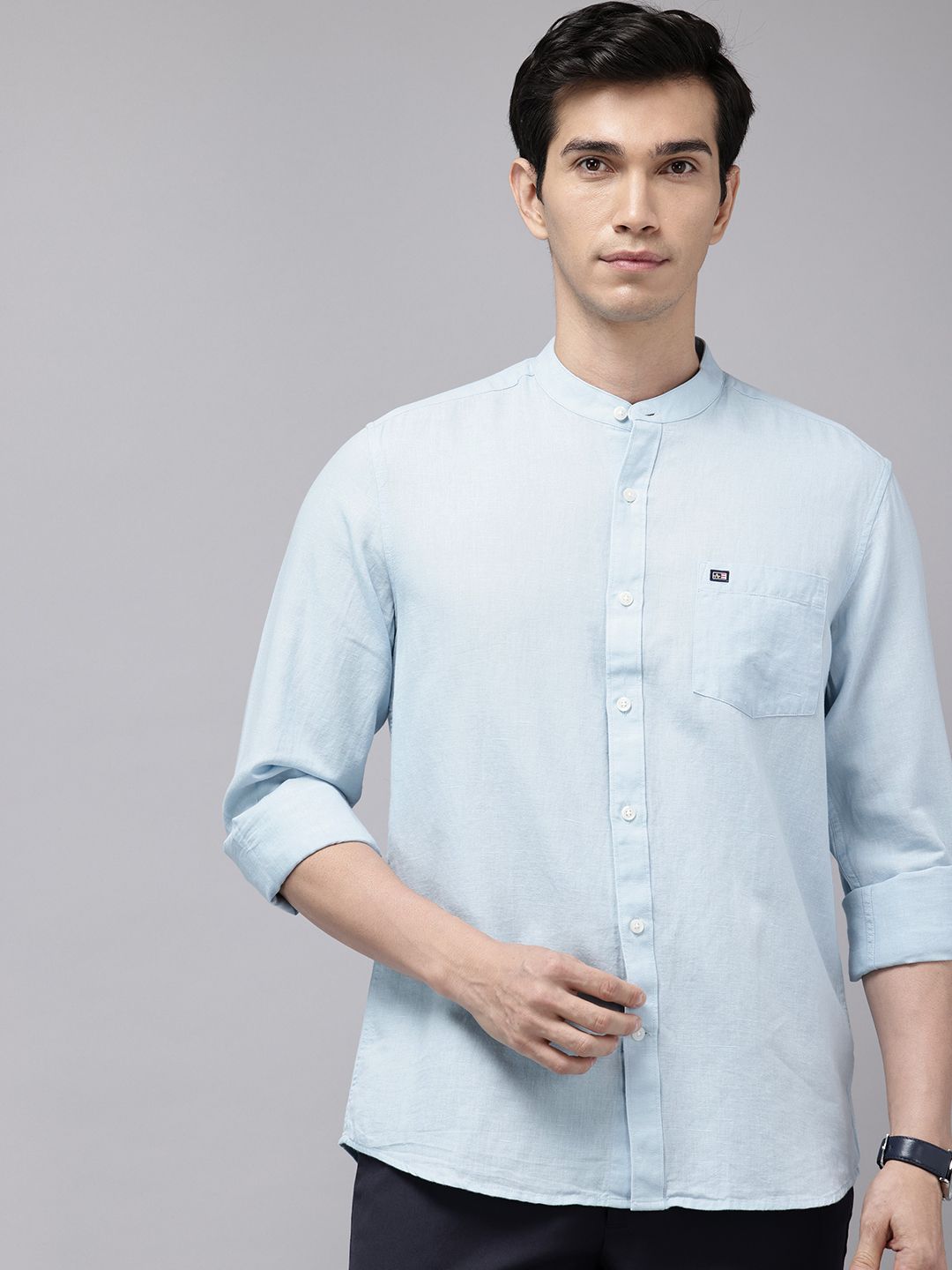 Arrow Sport Manhattan Slim Fit Band Collar Cotton Linen Casual Shirt