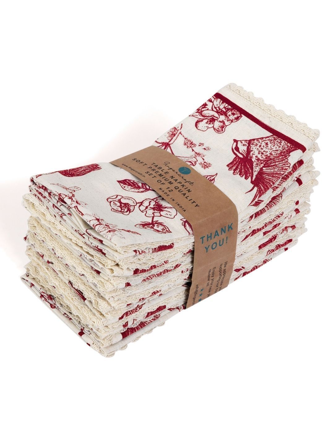 fingercraft 12Pcs Off White & Red Printed Table Napkins