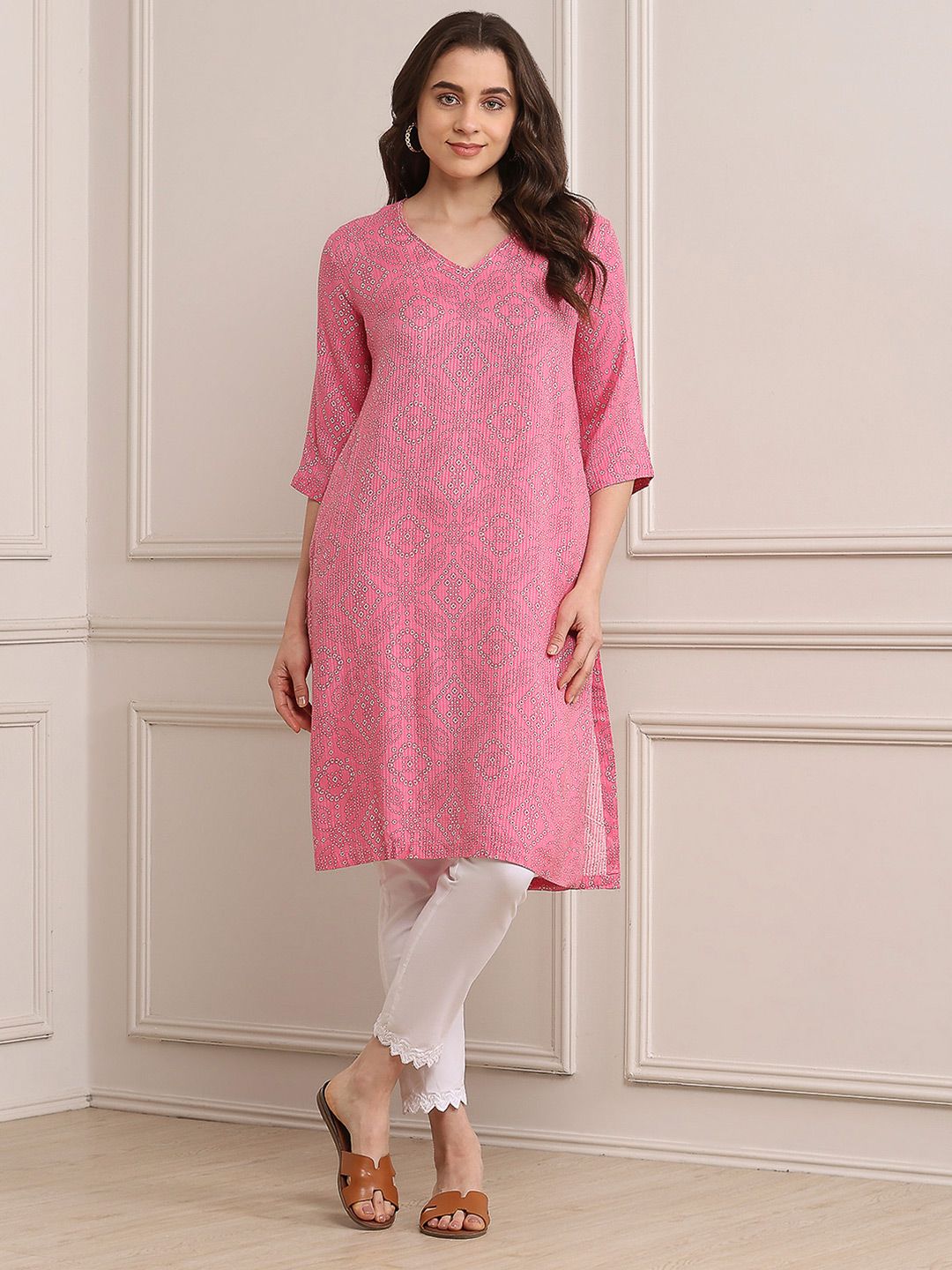 Biba Biba V-Neck Geometric Printed A-Line Kurta