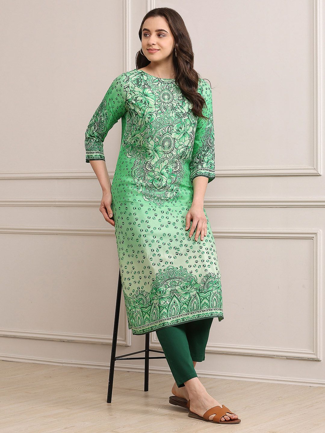 Biba Biba Women Green Floral Printed Cotton Kurta