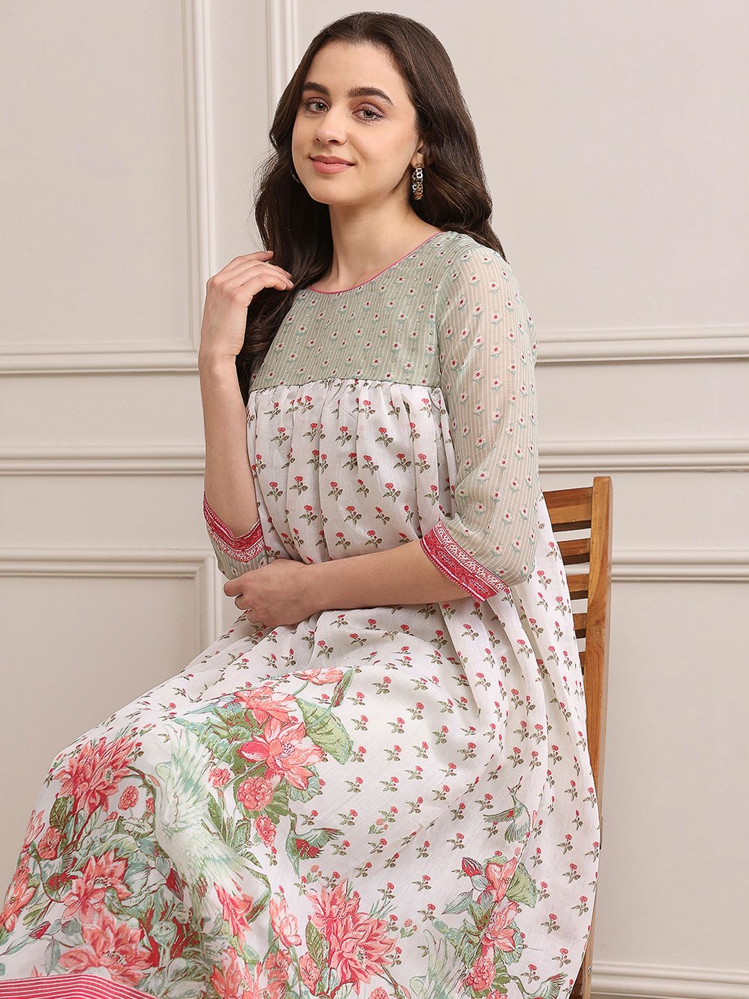 Biba Biba Women Pink & Green Ethnic Motifs Printed Anarkali Kurta