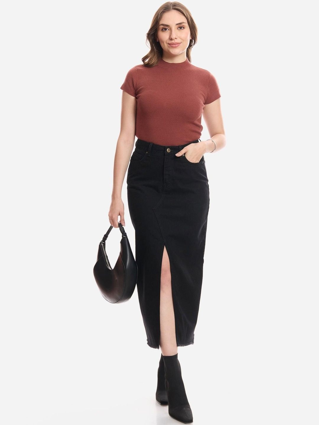 Pure Cotton A-Line Midi Skirt Virgio Cotton Denim Skirt With Slit