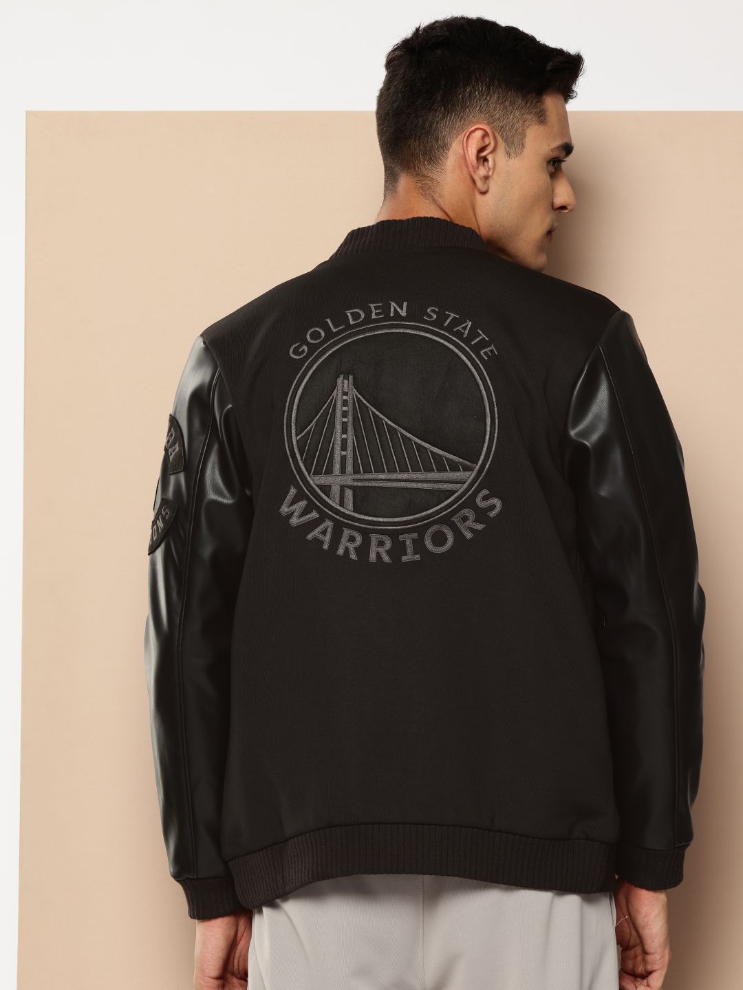 NBA Golden State Warriors Applique Detail Mandarin Collar Bomber Jacket