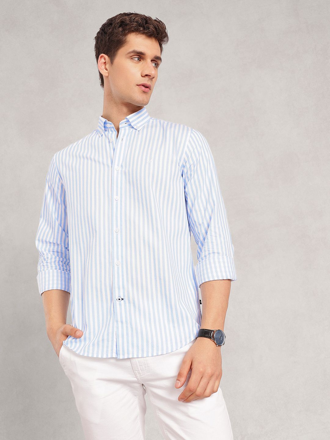 Nautica Slim Fit Striped Pure Cotton Casual Shirt