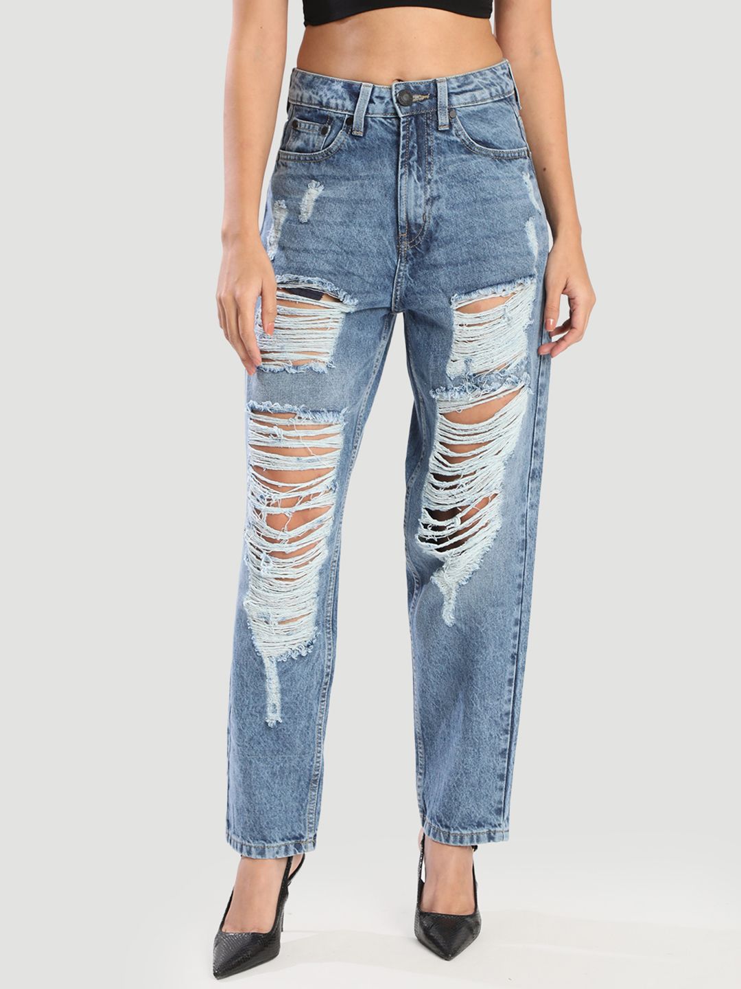 Bene Kleed Women Tapered Fit High-Rise Highly Distressed Light Fade Jeans