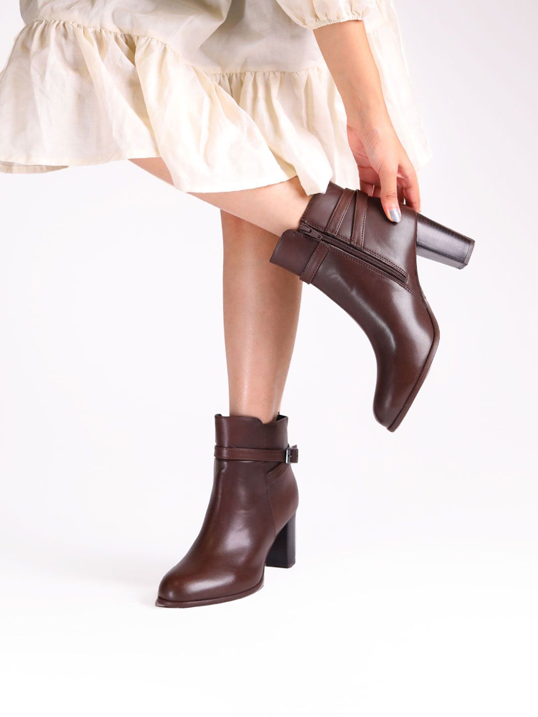 Monrow Brown PU Block Heeled Boots with Buckles
