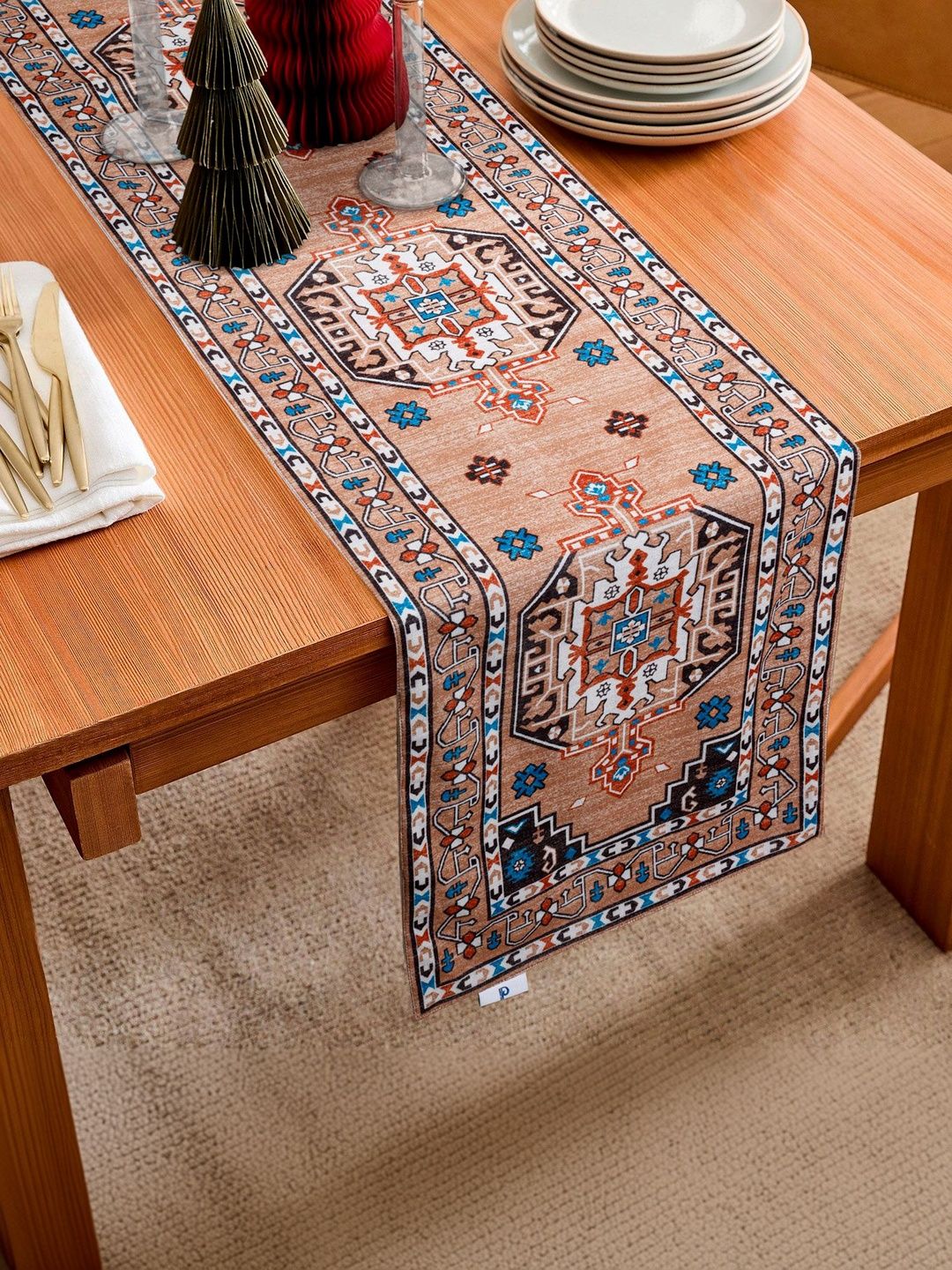 PLIVANA Blue & Camel Brown Polyester Table Runners