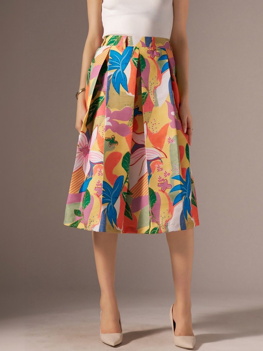 AASK Cotton Midi Flared Pleated Skirt With Belt Loop