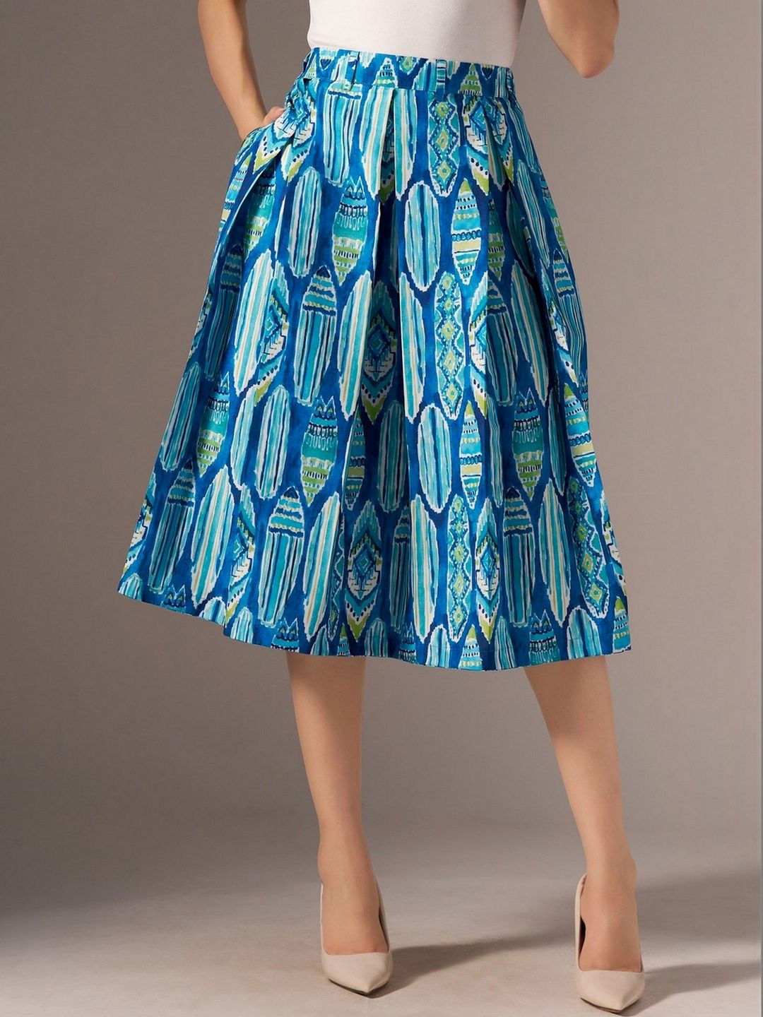 AASK Cotton Midi Flared Pleated Skirt With Belt Loop