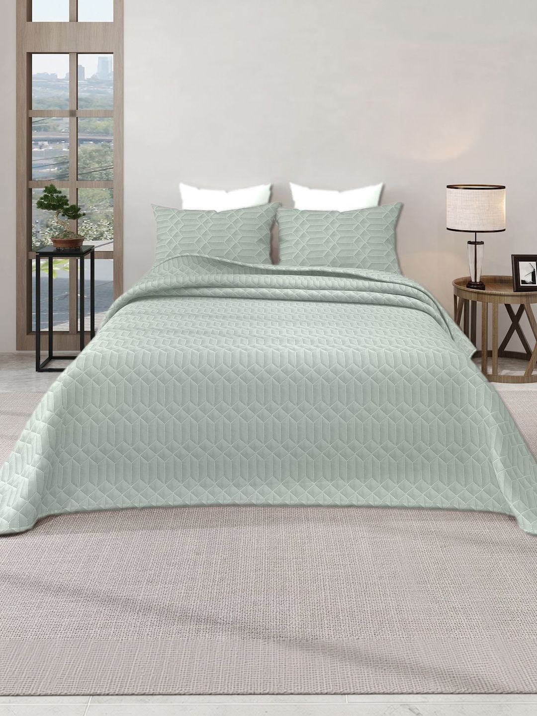 LABHAM Azure Green Textured 300 GSM King Bed Cover With Pillow Covers