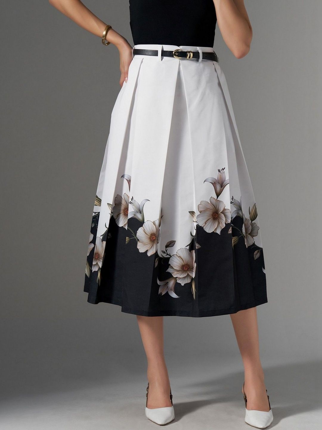 AASK Cotton Midi Flared Pleated Skirt With Belt Loop