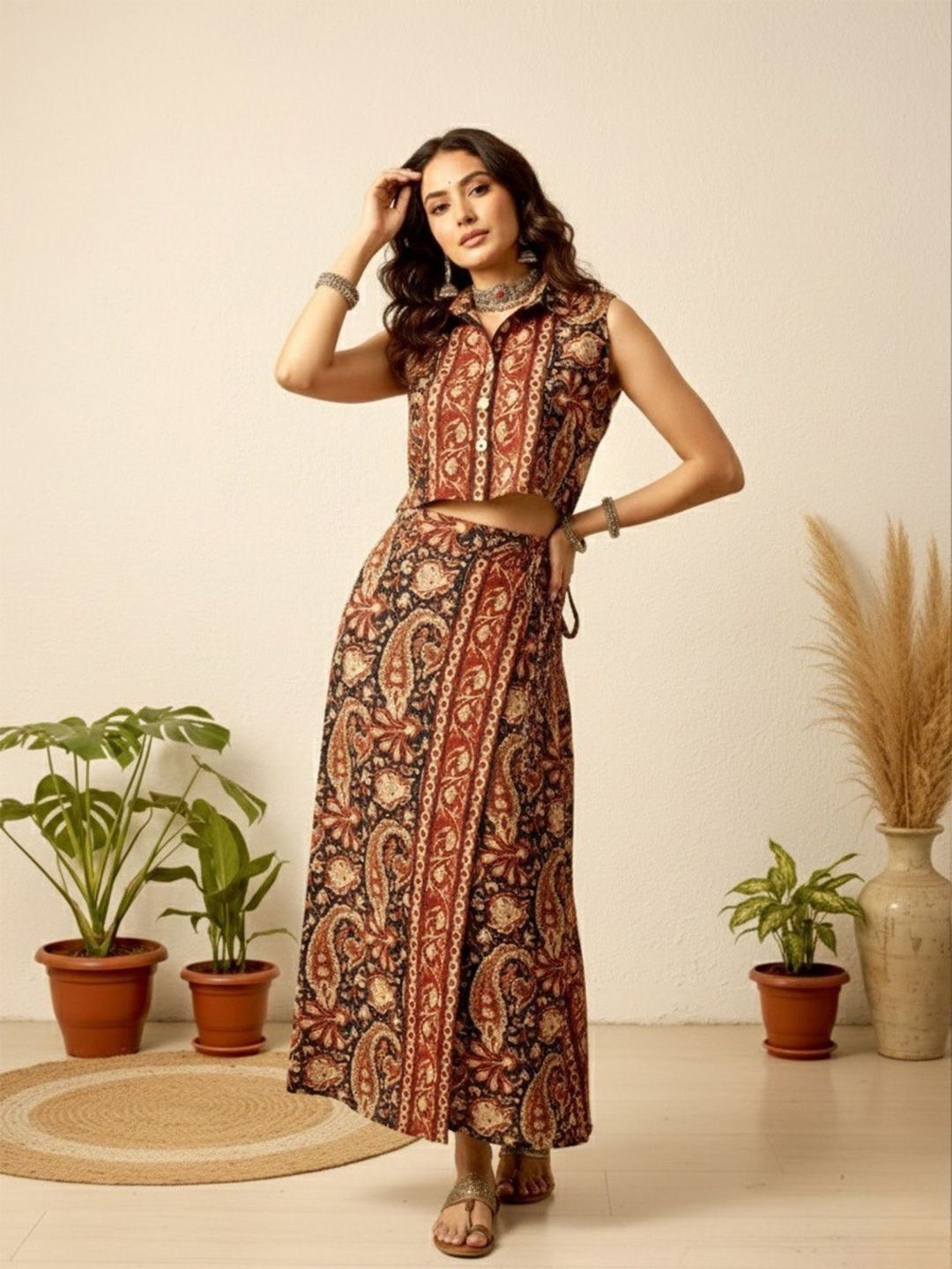 WineRed Printed Shirt Collar Shirt & Skirt Co-Ords