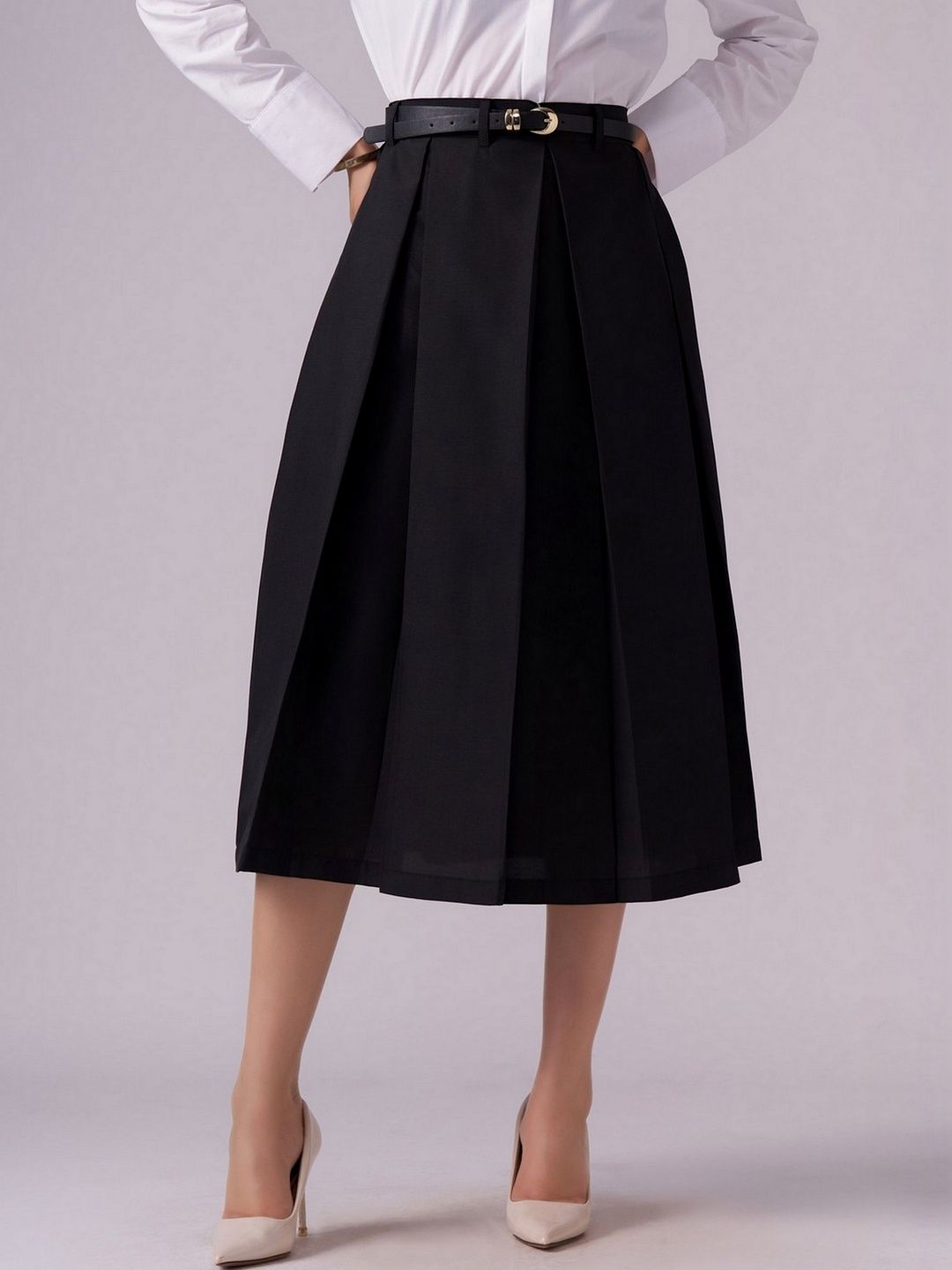 AASK Cotton Midi Flared Pleated Skirt With Belt Loop