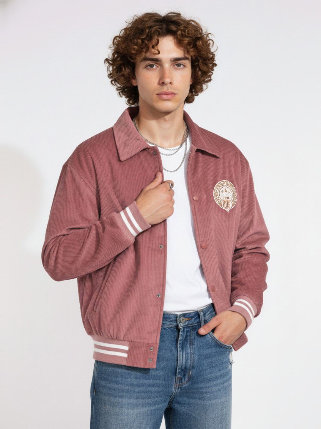 glitchez Corduroy Typography Embroidered Pure Cotton Bomber Jacket  with Applique Detail deal from myntra