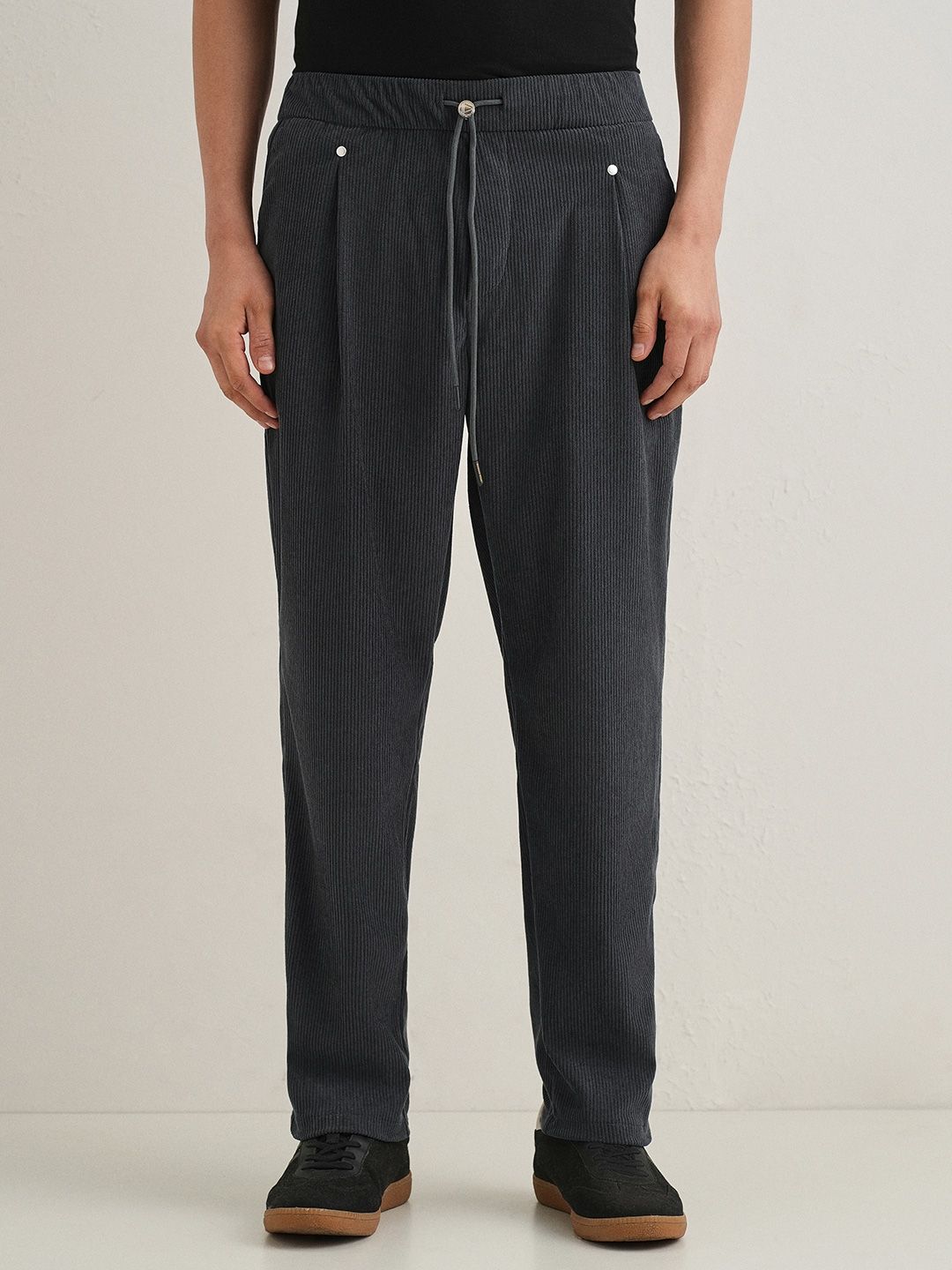 Men Pleated Corduroy Trousers Banana Club Men Relaxed Dark Grey Corduroy Pleated Trousers