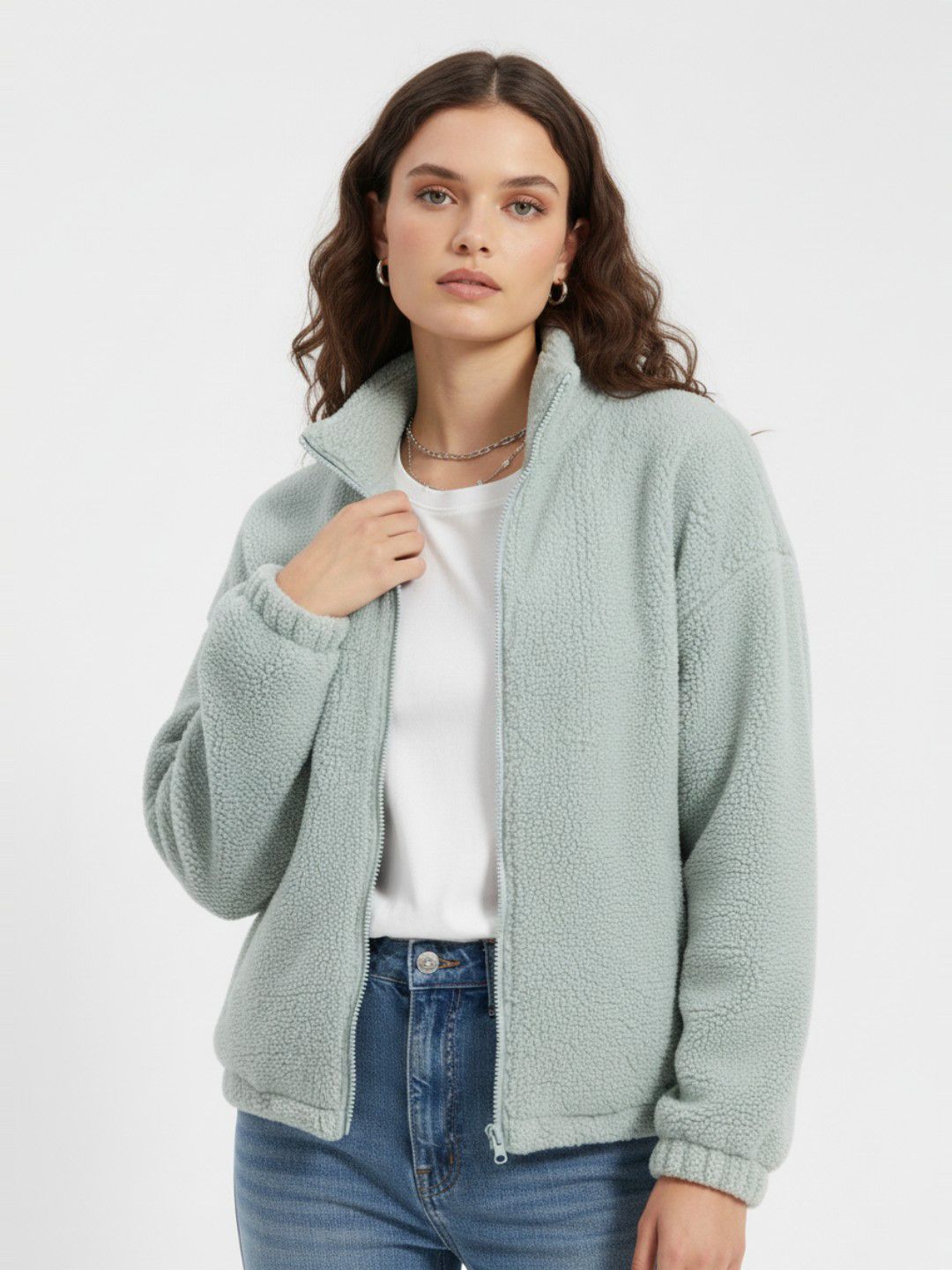 glitchez Typography Applique Detail Stand Collar Oversized Varsity Sherpa Jacket