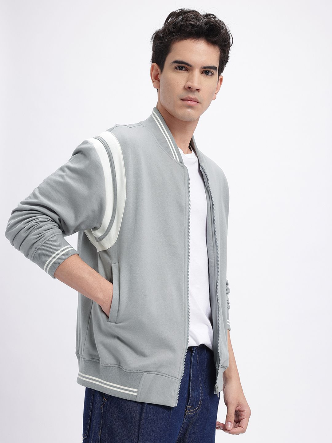 glitchez Contrast Striped Fleece Varsity Jacket