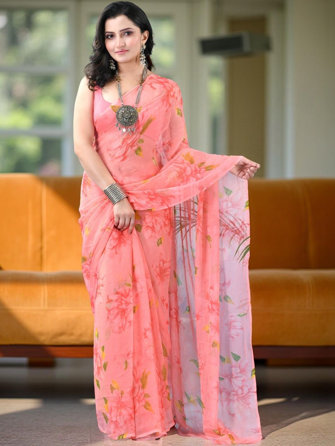DESH BIDESH Floral Pure Chiffon Mysore Silk Saree