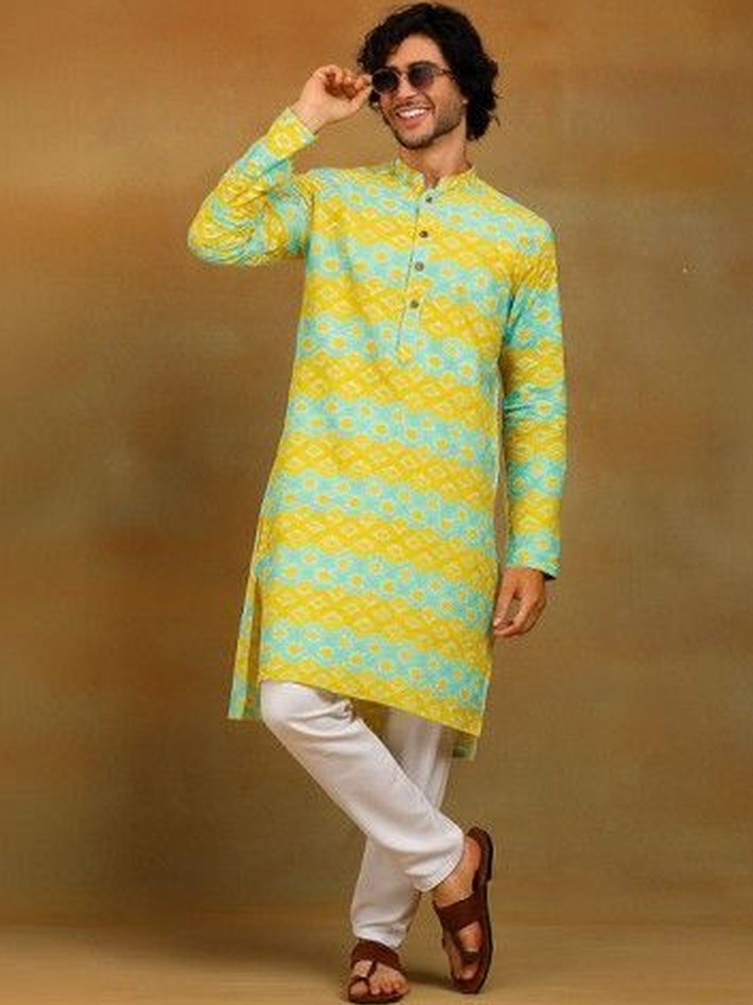 House of Pataudi Printed Mandarin Collar Neck Knee Length Straight Kurta