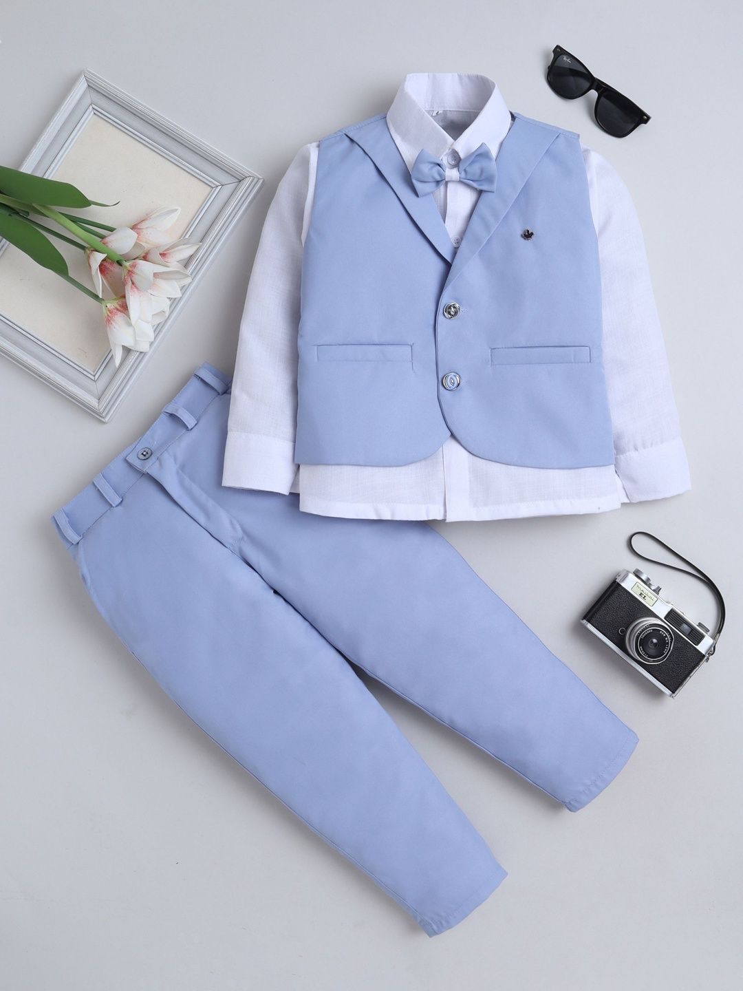 FOURFOLDS Boys Shawl Collar 3-Piece Suit With Bow