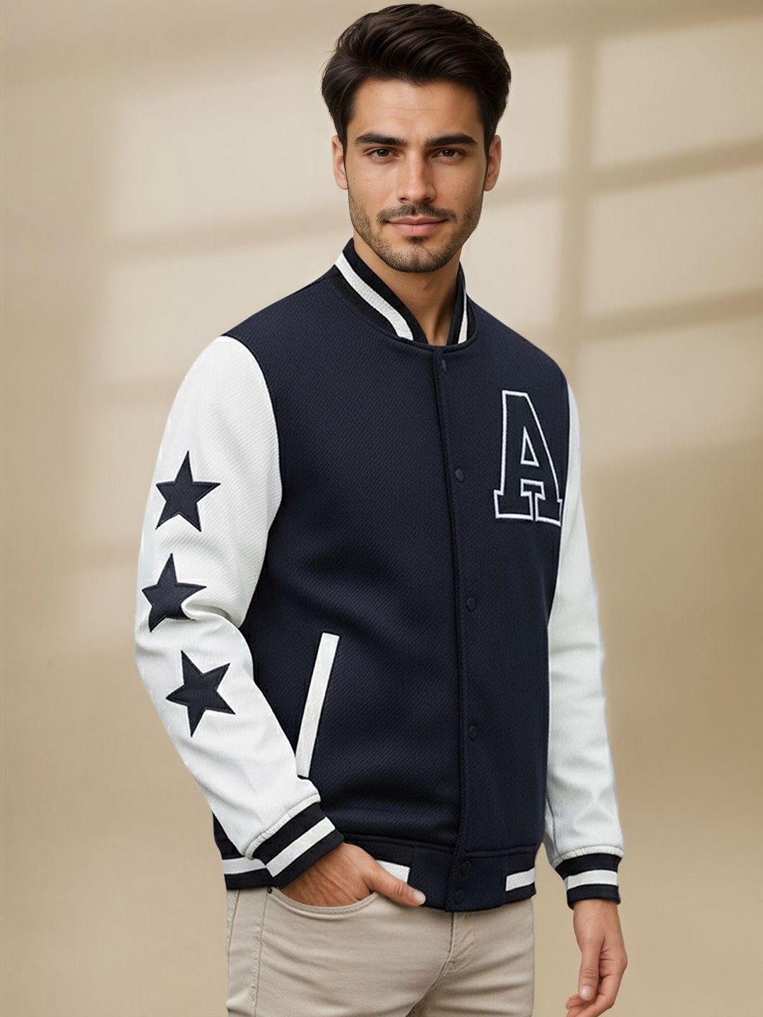 The Roadster Lifestyle Co Self Design Mandarin Collar Varsity Jacket