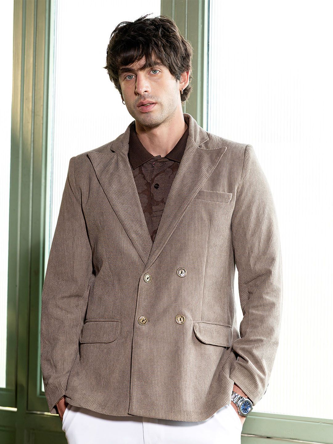 Campus Sutra Men Double-Breasted Corduroy Blazer