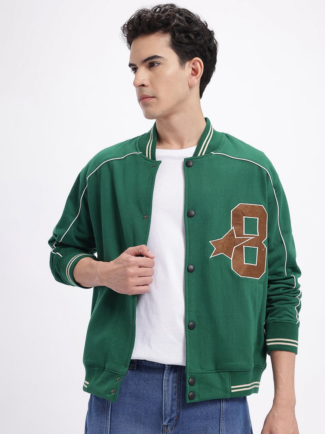 glitchez Typography Applique Detail Relaxed Fit Fleece Varsity Jacket with Contrast Piping