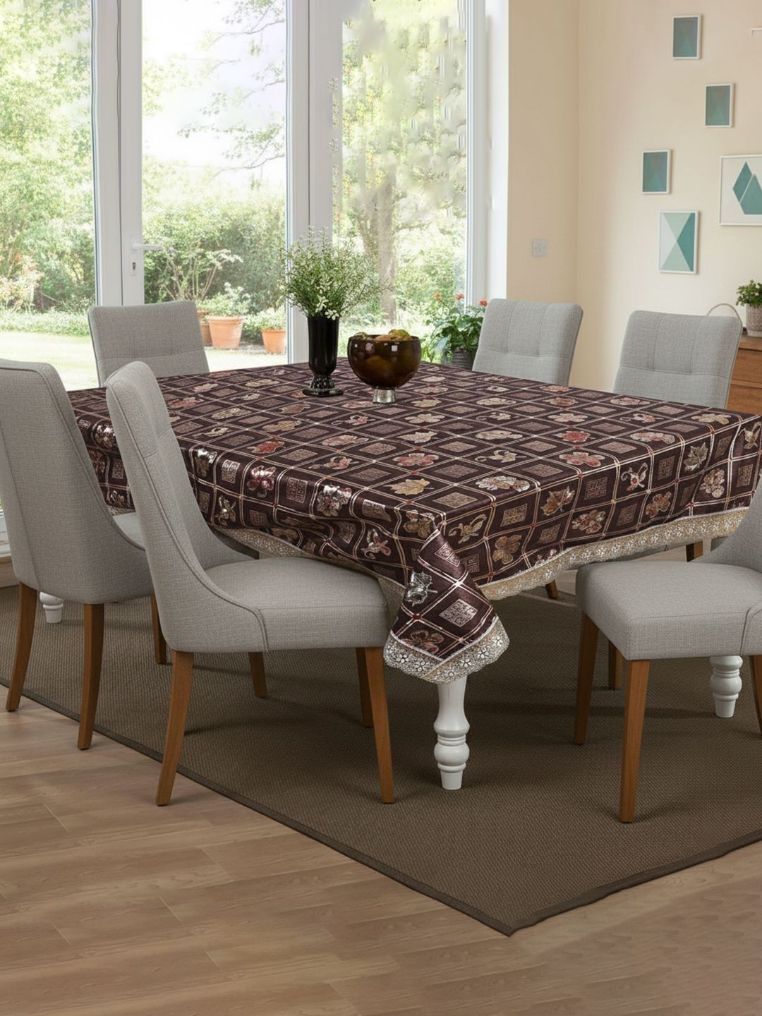Kuber Industries Gold-Toned Ethnic Motifs Anti-Skid 6-Seater Table Cover