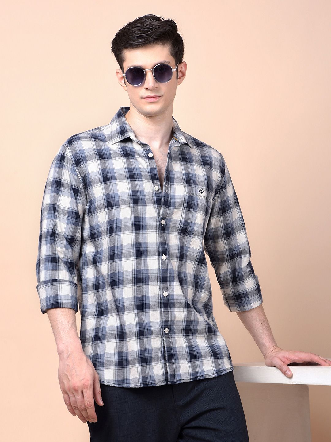 Crimsoune Club Men Classic Fit Tartan Checked Spread Collar Cotton Casual Shirt