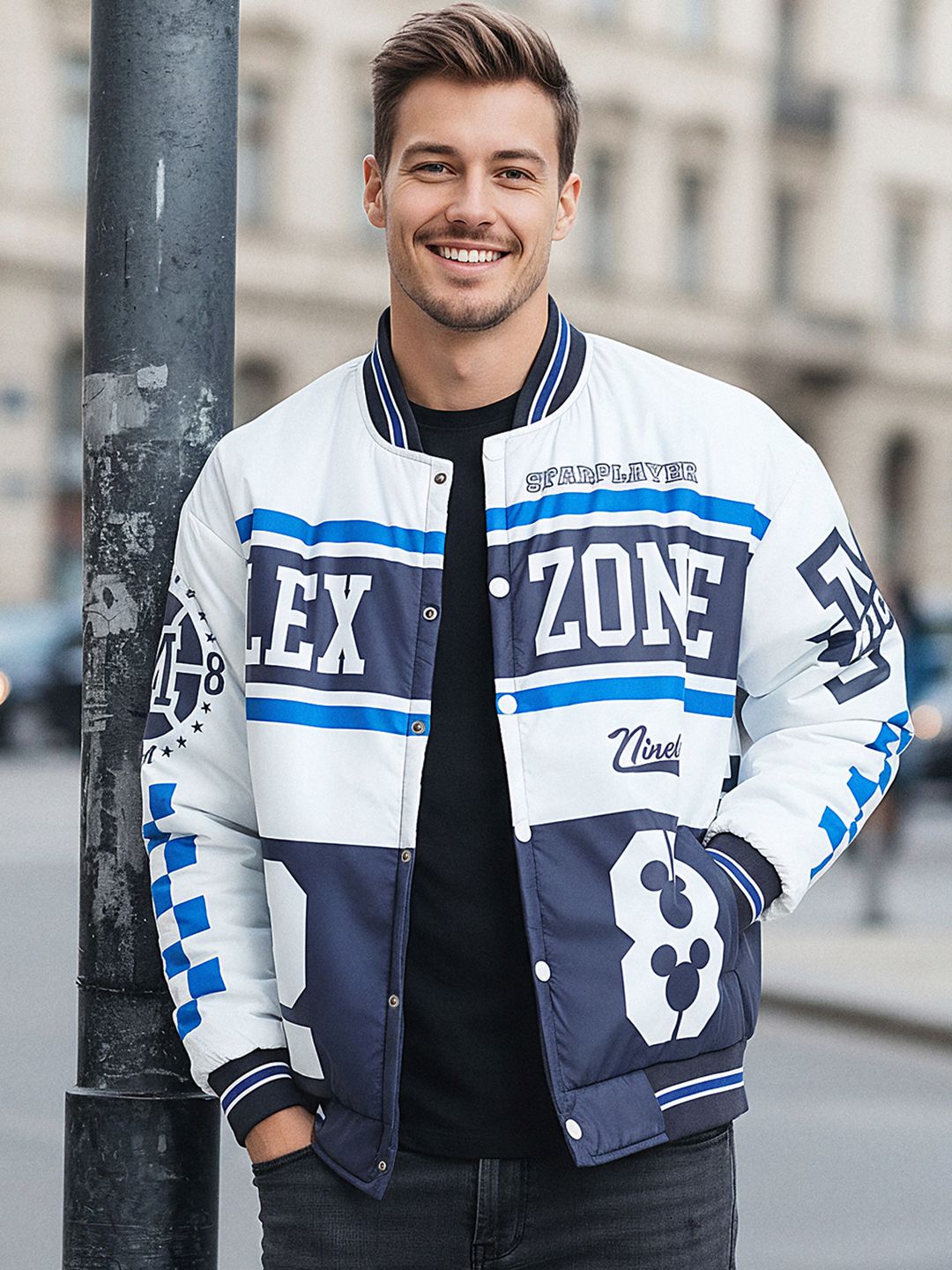 Bewakoof  Men's White & Light Navy Blue Typography Oversized Bomber Jacket