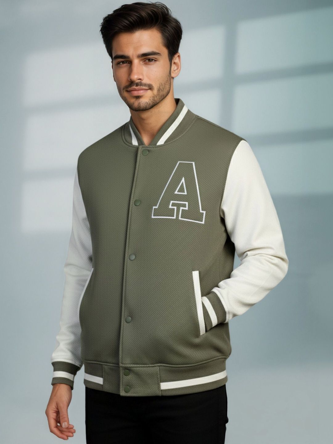 The Roadster Lifestyle Co Self Design Mandarin Collar Varsity Jacket