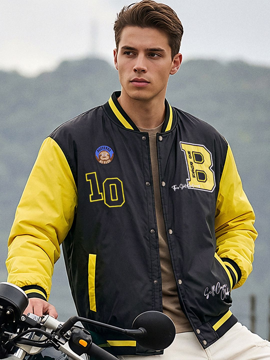 Bewakoof Men Oversized Fit Varsity Jacket with Patchwork