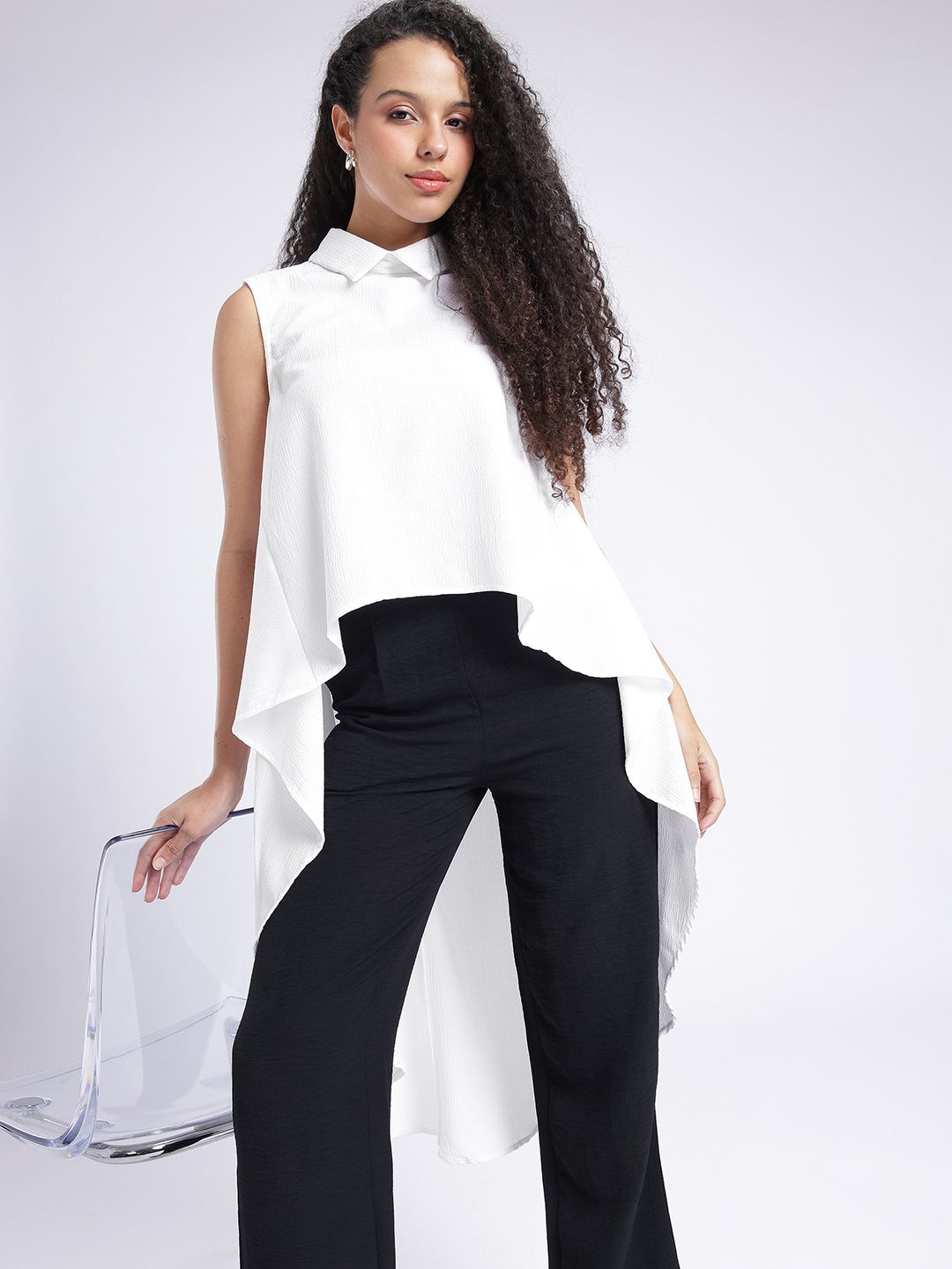 Buy glitchez Shirt Collar High-Low Hem Longline Top - Tops for