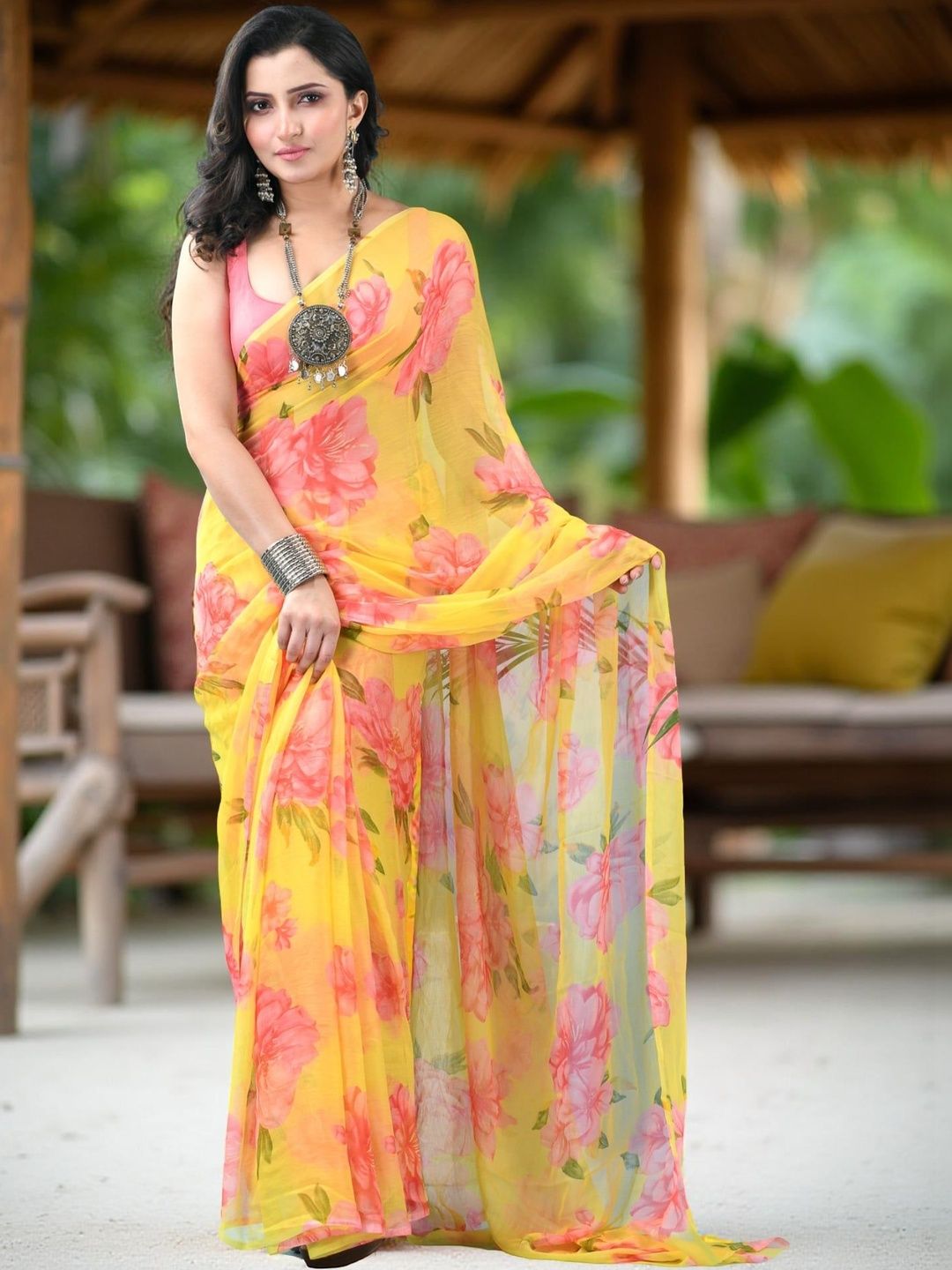 DESH BIDESH Floral Pure Chiffon Mysore Silk Saree