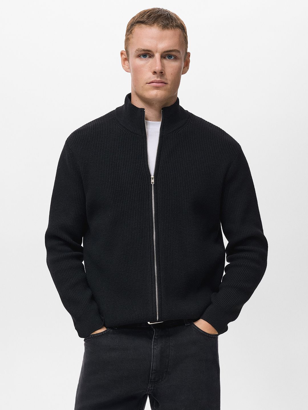 MANGO MAN Ribbed Mock Collar Cardigan