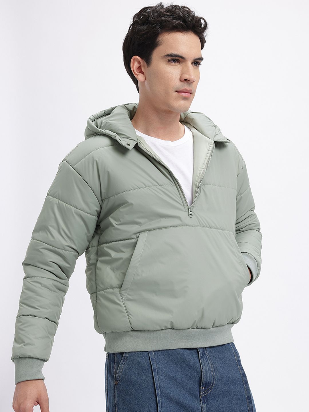 Buy glitchez Hooded Half Zipper Oversized Fleece Bomber Jacket