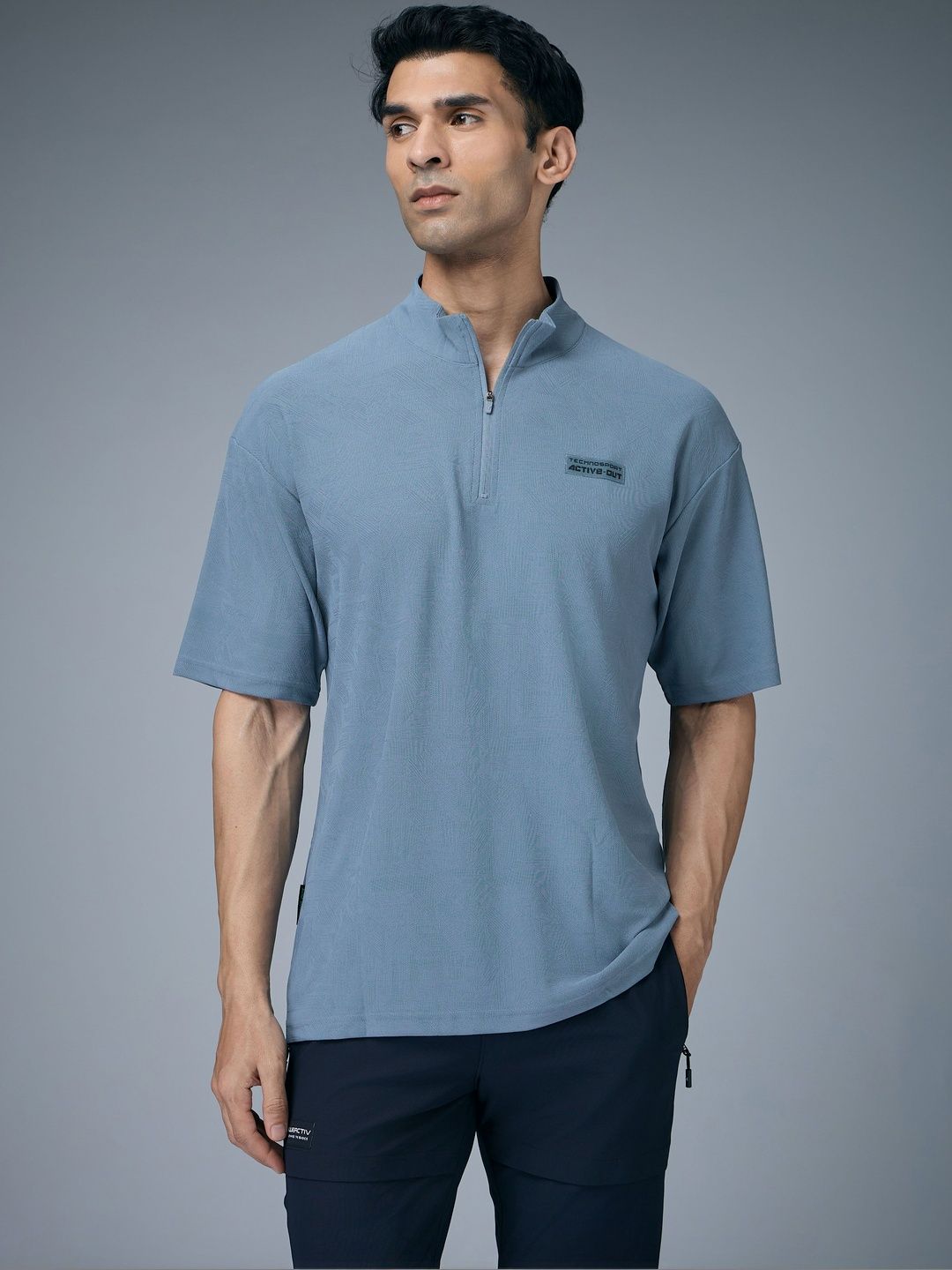 Technosport Men Mandarin Collar Drop-Shoulder Sleeves Antimicrobial Relaxed Fit T-shirt