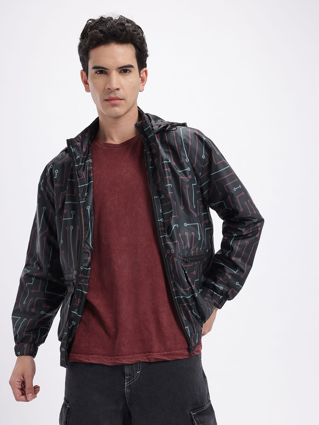 glitchez glitchez Geometric Print Hooded Oversized Bomber Jacket