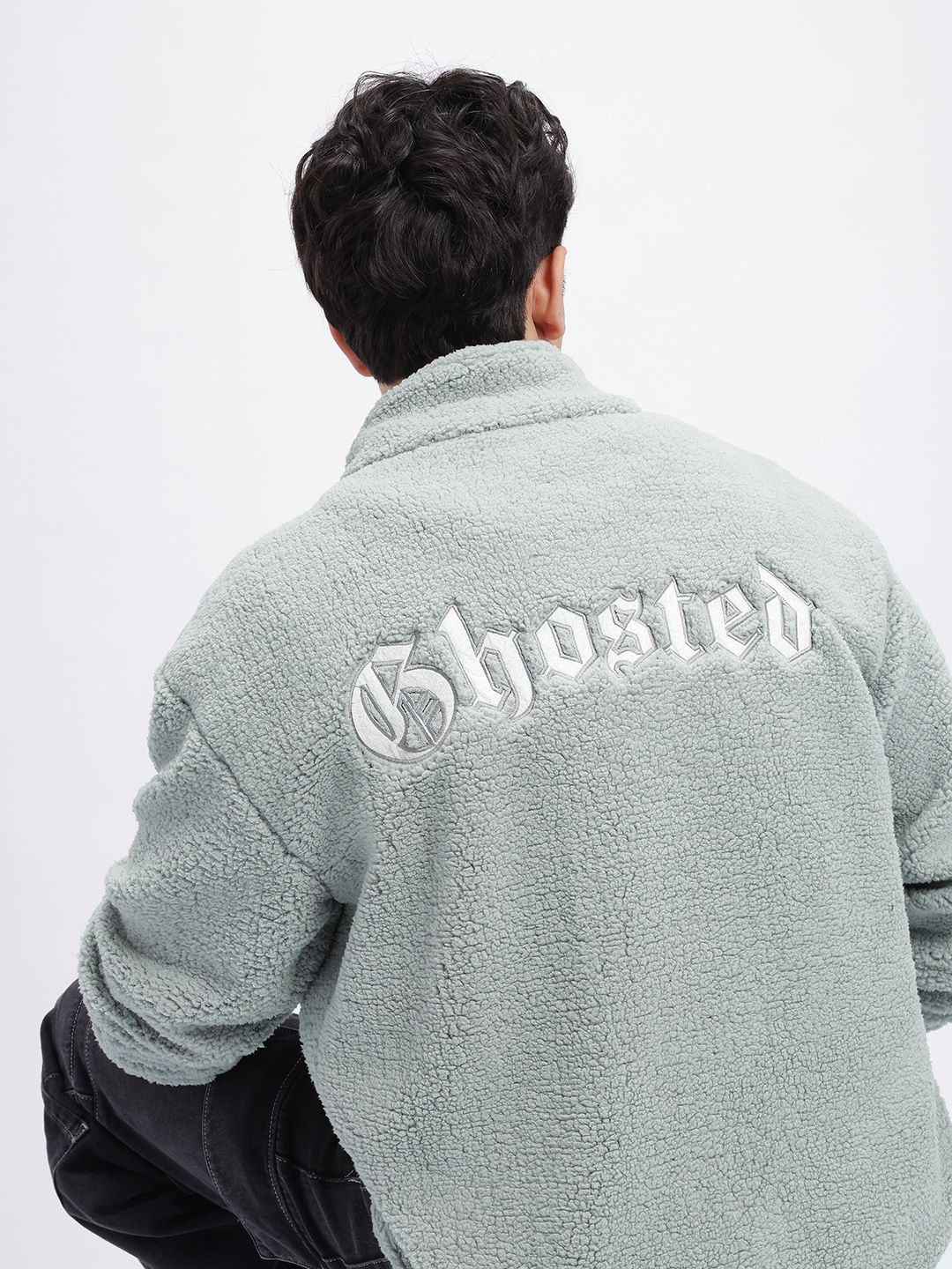 glitchez Typography Applique Detail Ovrsized Fleece Sherpa Jacket