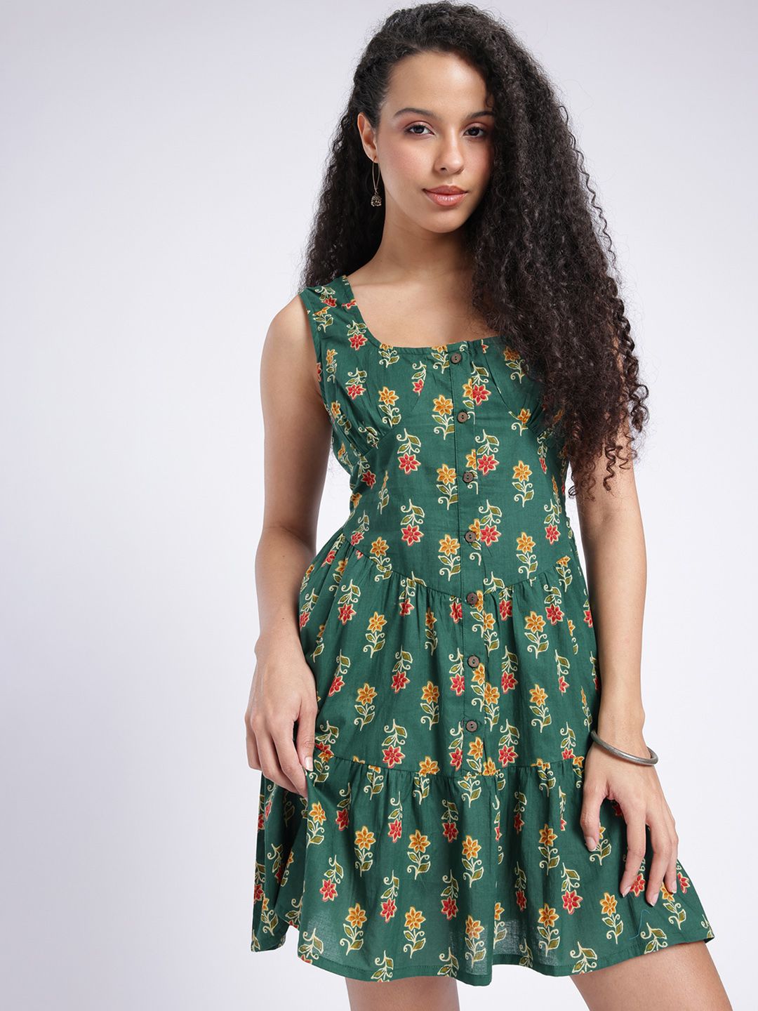 price history - fusion by glitchez Floral Printed Scoop Neck Gathered Tiered A-Line Dress