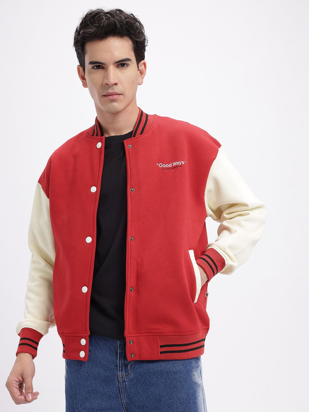 glitchez Stand Collar Relaxed Fit Fleece Varsity Jacket
