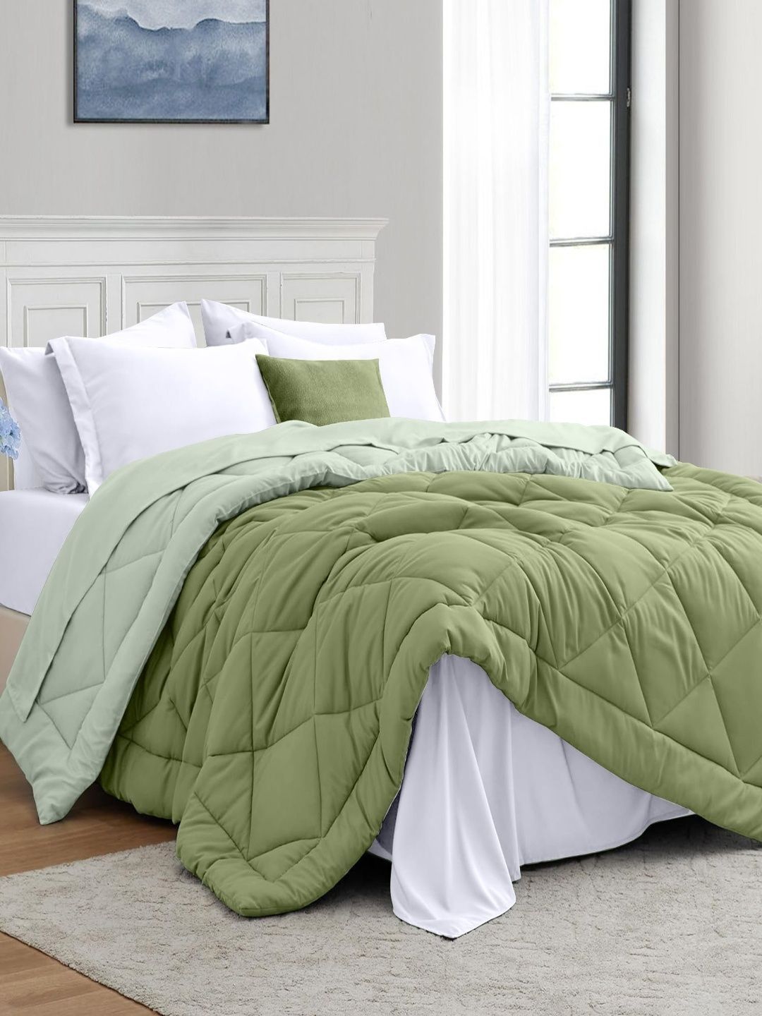 Sangria Sangria Olive Green Pure Microfibre Reversible 150 GSM Double AC Room Comforter