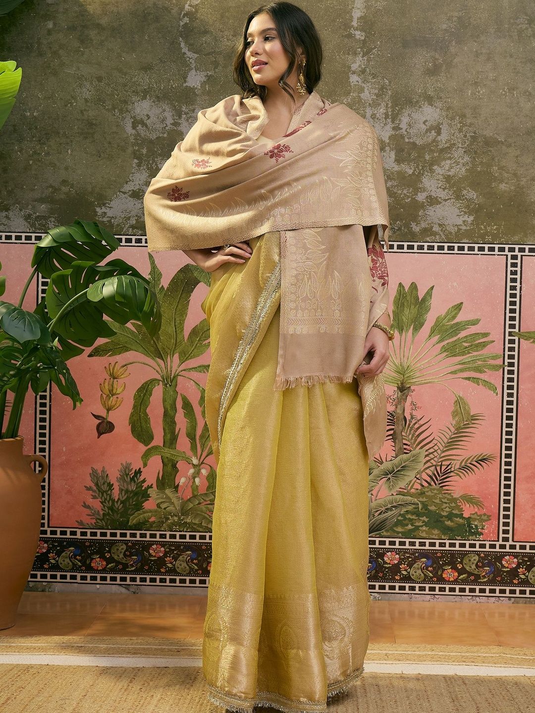 Sangria Pashmina Ethnic Beige Floral Shawl