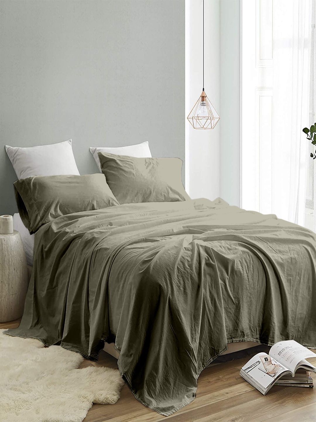 Sangria Olive Color 300 TC King Double Bedsheet With 2 Pillow Covers-2.74 m x 2.74 m