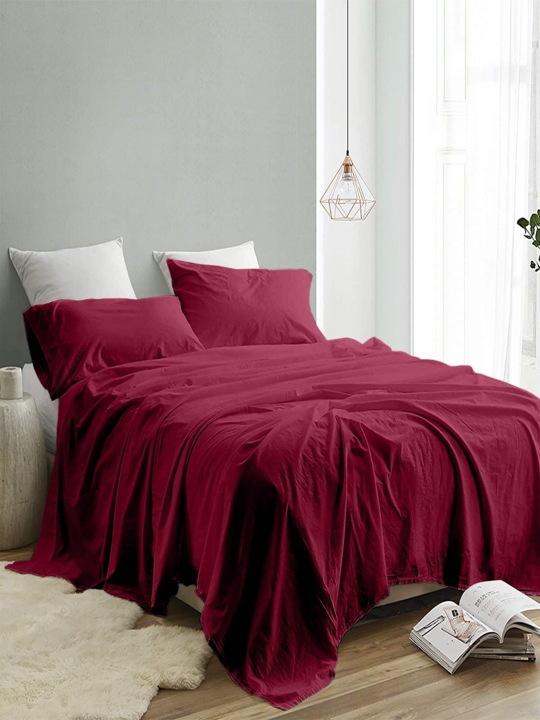 Sangria Red 300 TC King Double Bedsheet With 2 Pillow Covers-2.74 m x 2.74 m Sangria