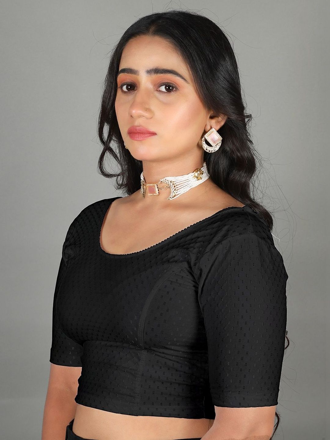 MISS WEARS Women's Regular Fit Readymade Stretchable Cotton Dobby Saree Blouse