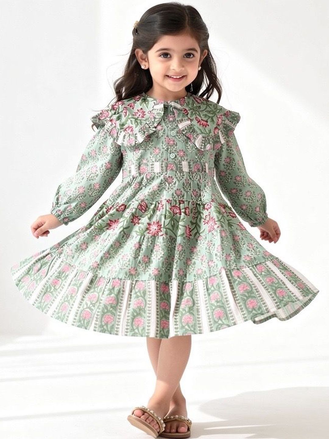 Buy saruche Floral Print Peter Pan Collar Puff Sleeve Ruffled A