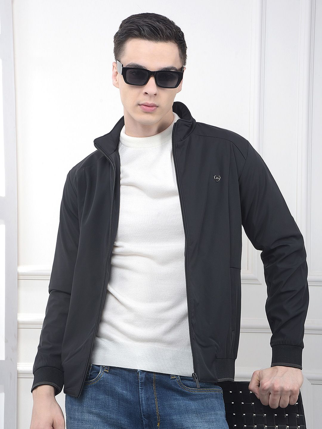 Crimsoune Club Men Mock Collar Striped Lightweight Bomber Jacket